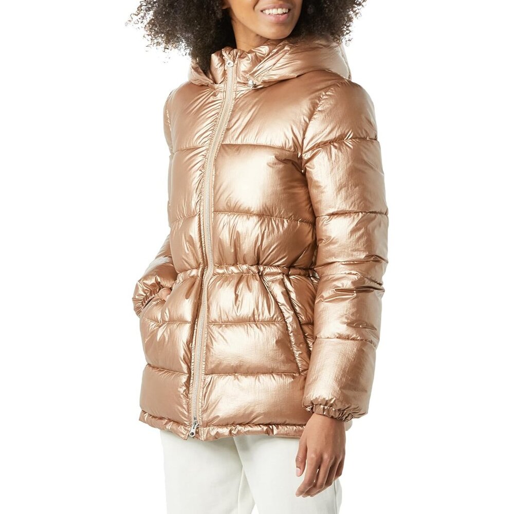 Women's Metallic Taupe Quilted Winter Jacket With Adjustable Waist - Size Xs